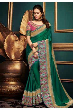 Green satin embroidered festival wear saree  10607